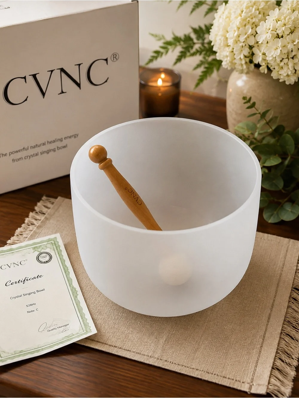CVNC Frosted White Crystal Singing Bowl with Wooden Mallet - Healing Meditation